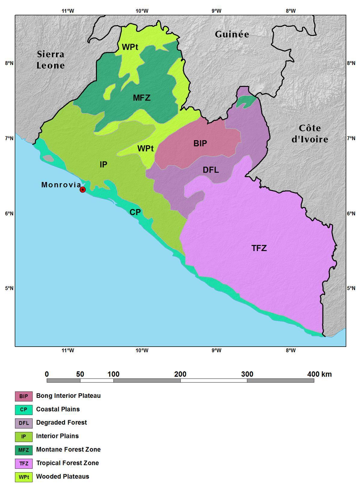 mapa Liberiji planinama